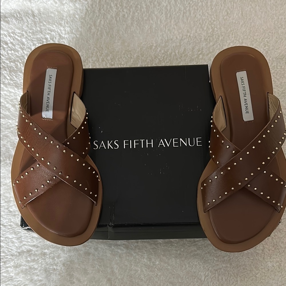 Saks Fifth Avenue Tan Studded Slide Sandals